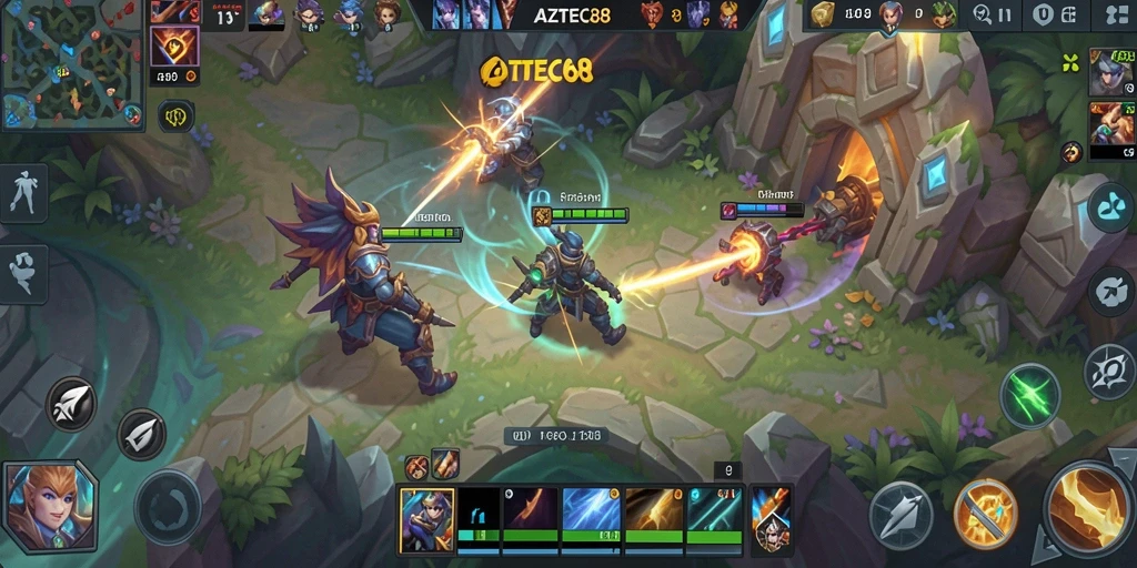 Tampilan layar gameplay AZTEC88 yang penuh aksi MOBA yang mendebarkan.