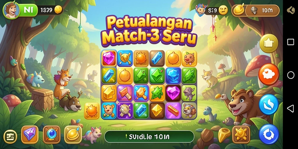 Screenshot menampilkan gameplay Match-3 yang menarik dan penuh warna.
